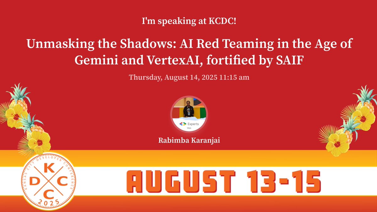 Interested to know more about #AI Red Teaming and how you can protect your AI Infra and Models?

I'll be speaking at <a href="/kc_dc/">Kansas City Developer Conference</a> tomorrow on exactly that with some "questionable" demos *wink*

Drop by if that's of interest to you 

#kcdc2025 #gemma <a href="/googledevs/">Google for Developers</a>
