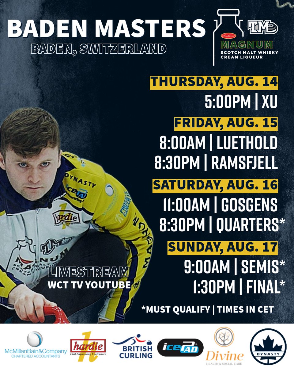 📌 BADEN MASTERS SCHEDULE 🥌

We're kicking off the season this weekend in Baden, SUI! 🇨🇭 

Check out our schedule in CET timezone 👉🏻 Games will be streamed on WCT TV YouTube 📺

Let's go 👊

#TeamMouat | #Curling
