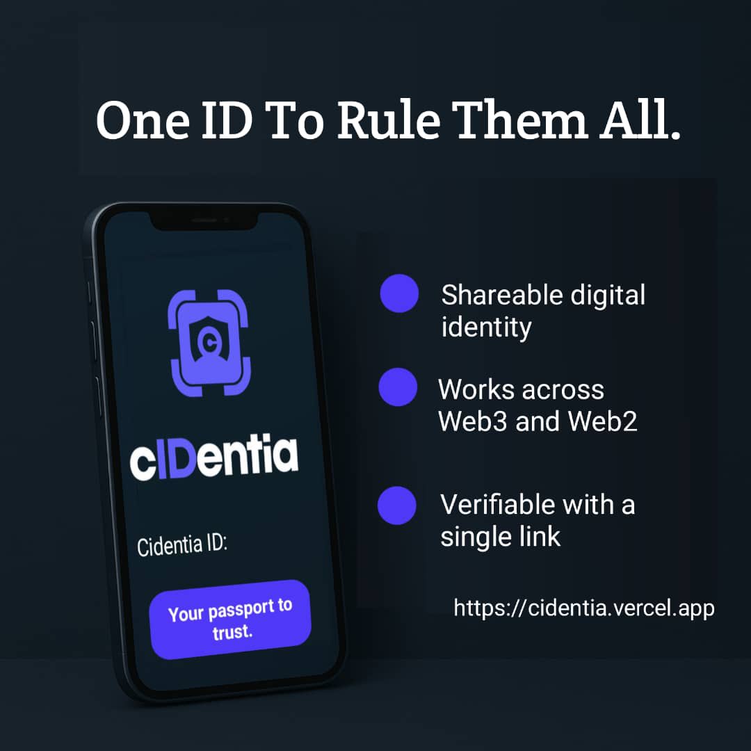 CidentiaID's tweet photo. One ID to rule them all. 🧠🔐

Cidentia is your passport to trust — a shareable digital identity that works across Web2 &amp; Web3 and verifies with a single link.

Your identity, simplified. Your trust, verified.
#Cidentia #DigitalID #Web3 #PrivacyTech #IdentityRevolution #Web3IDS https://t.co/Ytj08WD9VT