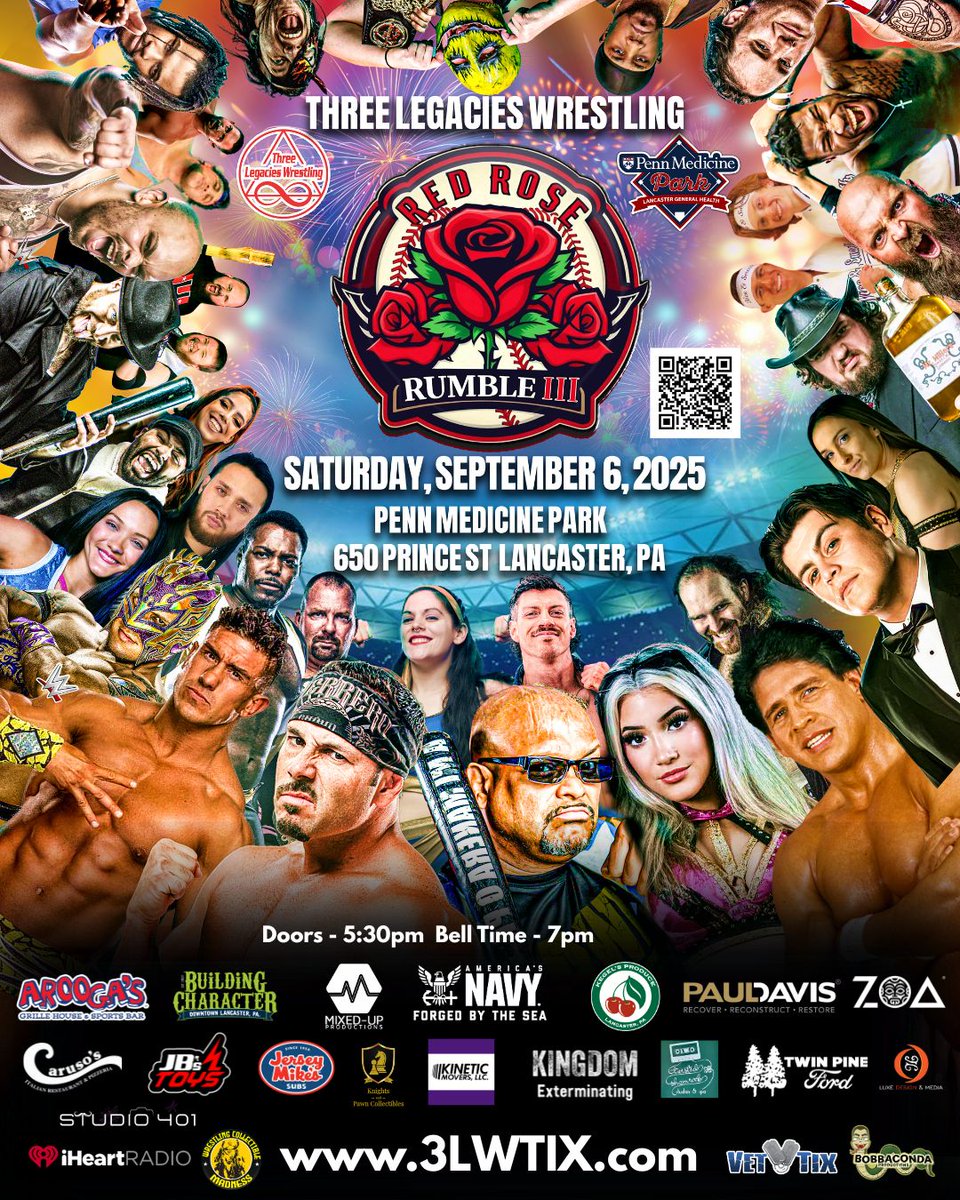 Three Legacies Wrestling presents the Red Rose Rumble 3
Saturday September 6, 2025
Penn Medicine Park

Experience an energetic night of high-flying, family-friendly, pro-wrestling action! 

Get your tickets at pennmedicinepark.com/events/red-ros…