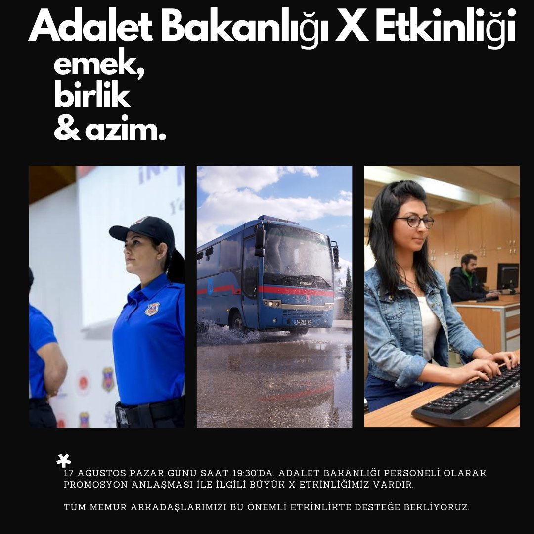 📢 ETKİNLİK DUYURUSU ❗️❗️❗️

17 Ağustos Pazar günü saat 19:30 da Adalet Bakanlığı Personeli Promosyon anlaşması ile alakalı büyük ‘X’ etkinliğimiz vardır. Tüm Adalet Bakanlığı Personellerinin desteğini bekliyoruz. 18 Ağustosta yapılacak olan ihale öncesinde büyük ses getirmek