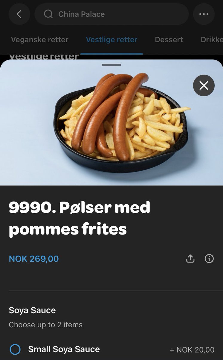 så noen poste om kebab i pølsebrød og det fikk meg til å tenke på denne retten (vestlig husmannskost) som china palace i bergen tilbyr med soyasaus på siden om ønsket