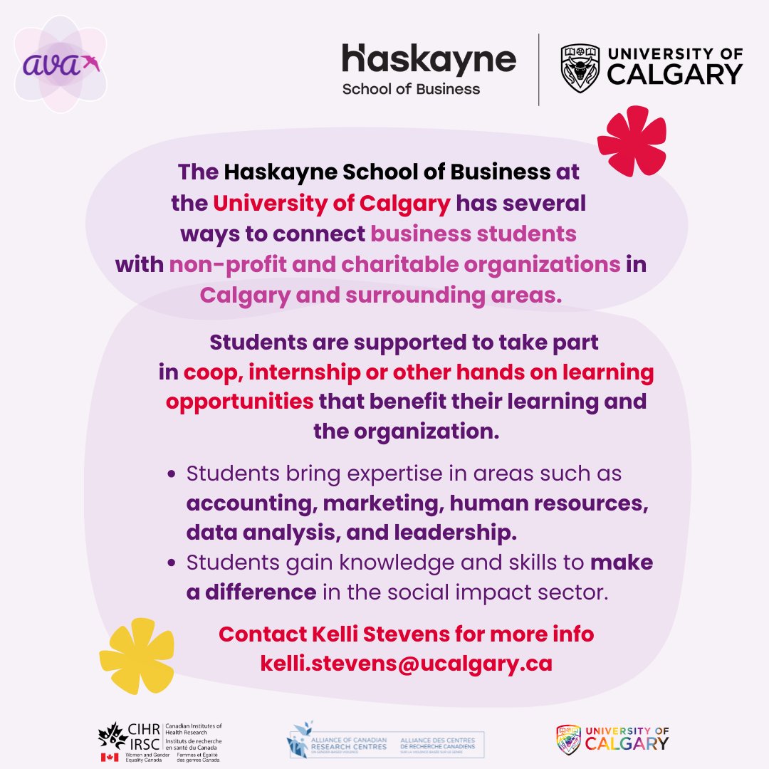 Alliance Against Violence and Adversity (@avatraining_ca) on Twitter photo The Haskayne School of Business at the University of Calgary offers several ways to connect business students with non-profit and charitable organizations in Calgary and surrounding areas.
Contact Kelli Stevens for more info: kelli.stevens@ucalgary.ca
#AVA #UCalgary The Haskayne School of Business at the University of Calgary offers several ways to connect business students with non-profit and charitable organizations in Calgary and surrounding areas.
Contact Kelli Stevens for more info: kelli.stevens@ucalgary.ca
#AVA #UCalgary