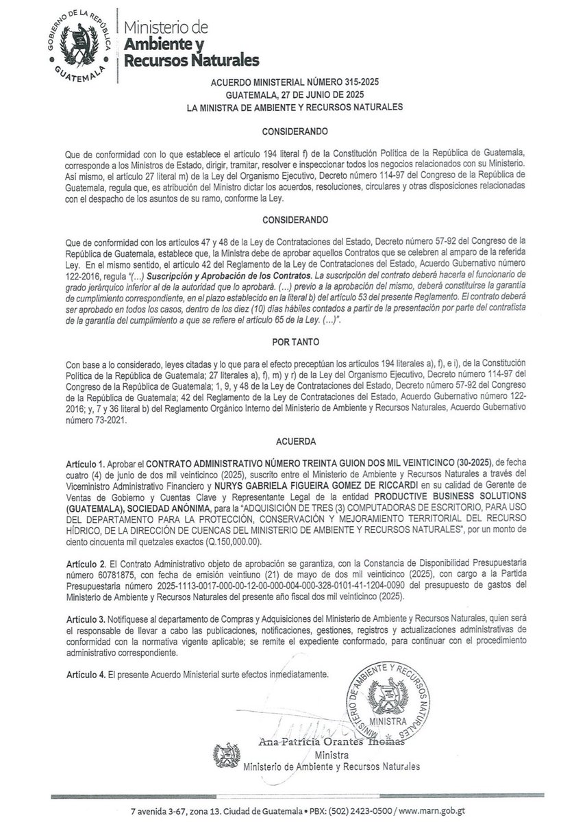 ElQuetzalNews's tweet photo. 🚨ROBO DESCARADO🚨
La ministra de Ambiente Patricia Orantes “compra” 3 computadoras por Q150 MIL 
En el mercado NO pasan de Q8 mil c/u. El Acuerdo Ministerial 315-2025 beneficia a Productive Business Solutions S.A. ¡Corrupción a todo color!
#Guatemala #Corrupcion #NoMasRobos https://t.co/ww4XdfQplG