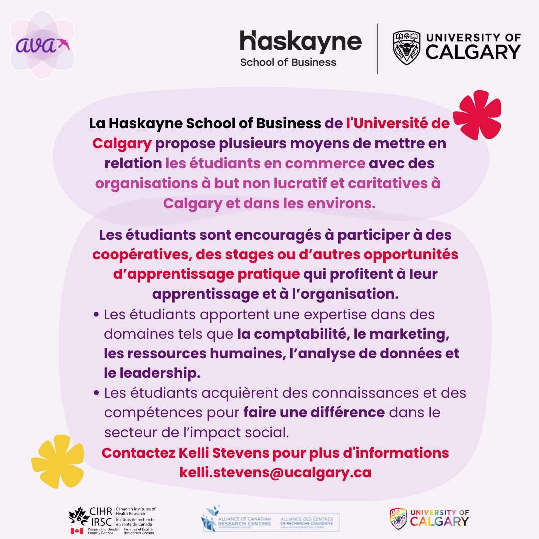 Alliance Against Violence and Adversity (@avatraining_ca) on Twitter photo La Haskayne School of Business de l'Université de Calgary offre plusieurs moyens de mettre en relation les étudiants en commerce avec des organisations à but non lucratif et caritatives de Calgary et des environs.
Plus d'informations : kelli.stevens@ucalgary.ca
#AVA #UCalgary La Haskayne School of Business de l'Université de Calgary offre plusieurs moyens de mettre en relation les étudiants en commerce avec des organisations à but non lucratif et caritatives de Calgary et des environs.
Plus d'informations : kelli.stevens@ucalgary.ca
#AVA #UCalgary