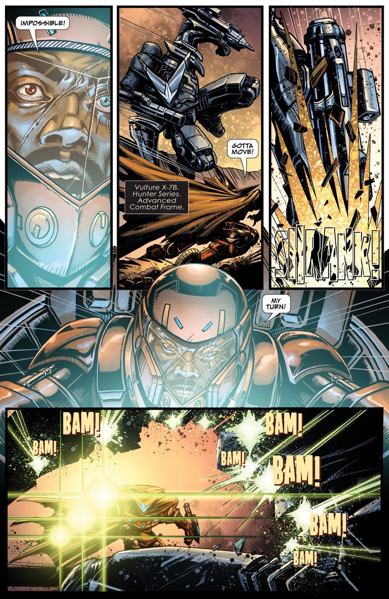 One of the fun parts of making fantasy sci-fi action adventure comics is the “final battle” - at the end of STEEL SIEGE: THE VULTURE ANd THE DOVE  our main hero faced off against a shadowy antagonist. Art by Russ Brown and Jeremy Colwell.