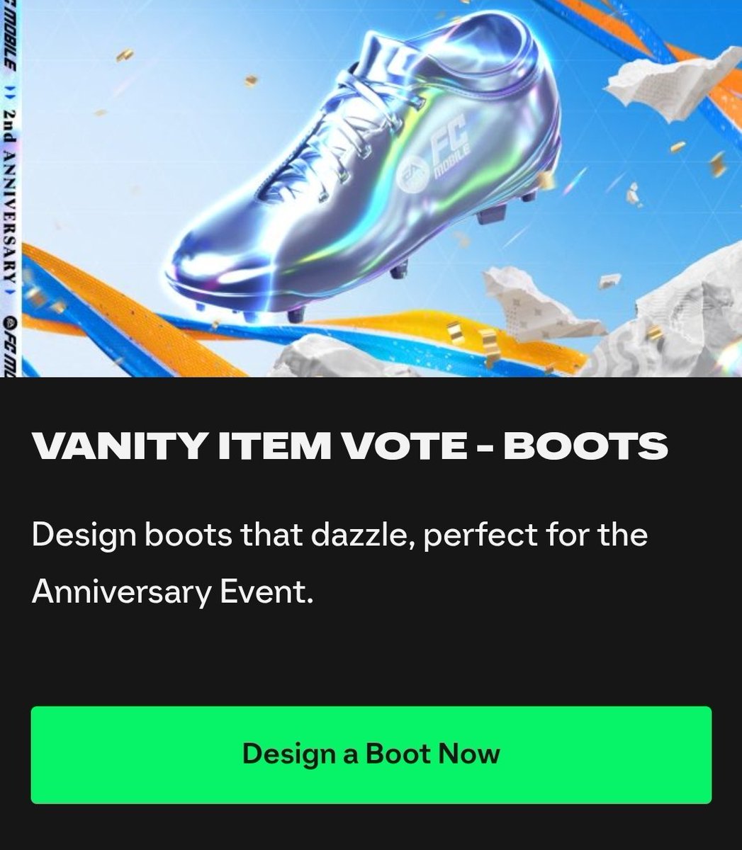 FCMUniverse's tweet photo. The 2nd Anniversary of FC Mobile is fast approaching. To celebrate this milestone, @EASFCMOBILE want the community to have some input. Competition to design boots, a ball & a kit are now live. Voting link:🔗https://t.co/KePeBmOkQT
Coming soon, vote on which players you want in the event and also pick what nostalgic songs from previous sound tracks to come back. What players would you like to see? Will you he designing anything from the 3 options available?

@tutiofifa @Jacobek08 @99rkreddy @FCBROWN34 @JONALDINHOtm @EASFCMOBILE @MysterioDeYT @EAFCMobileForum @mazenfcm @BackMossPlayz @fcmobileguide @MadridistaaFC @MANERLIGHTFC @Beastlyeafc @Sappurit