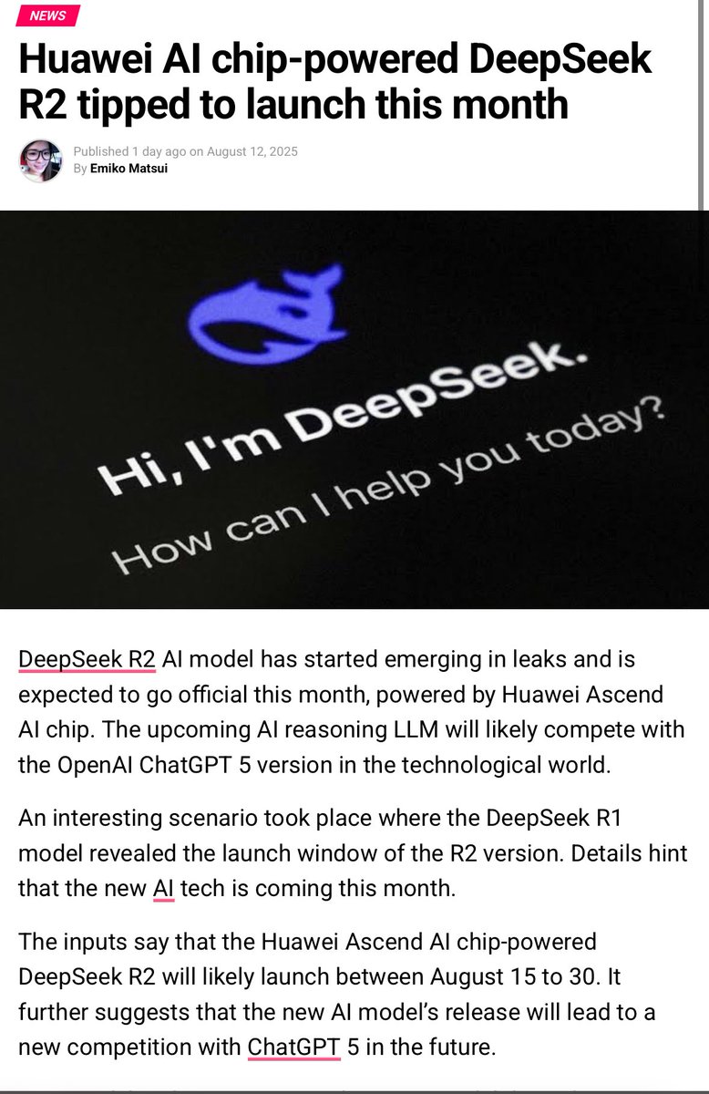 NEWS: DeepSeek R2 tipped to launch this month running on Huawei Ascend 910 chip cluster 

2 WEEKS 
WE'RE SO BACK