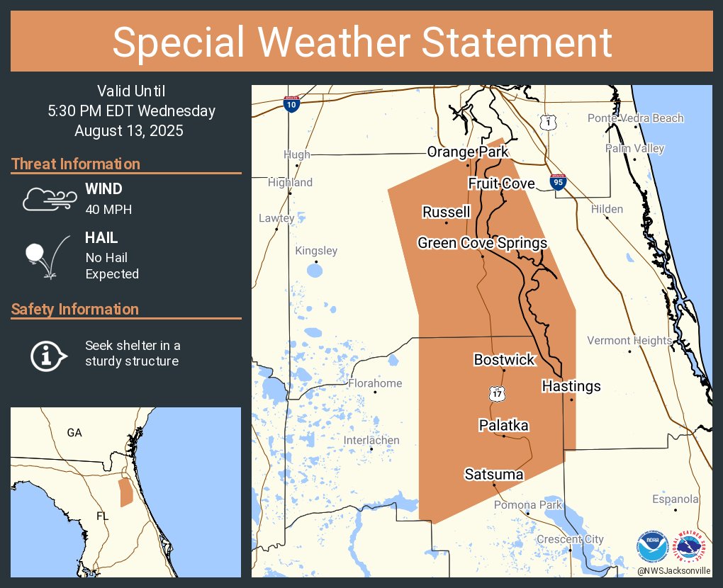A special weather statement has been issued for Fruit Cove FL, Palatka FL and  Orange Park FL until 5:30 PM EDT