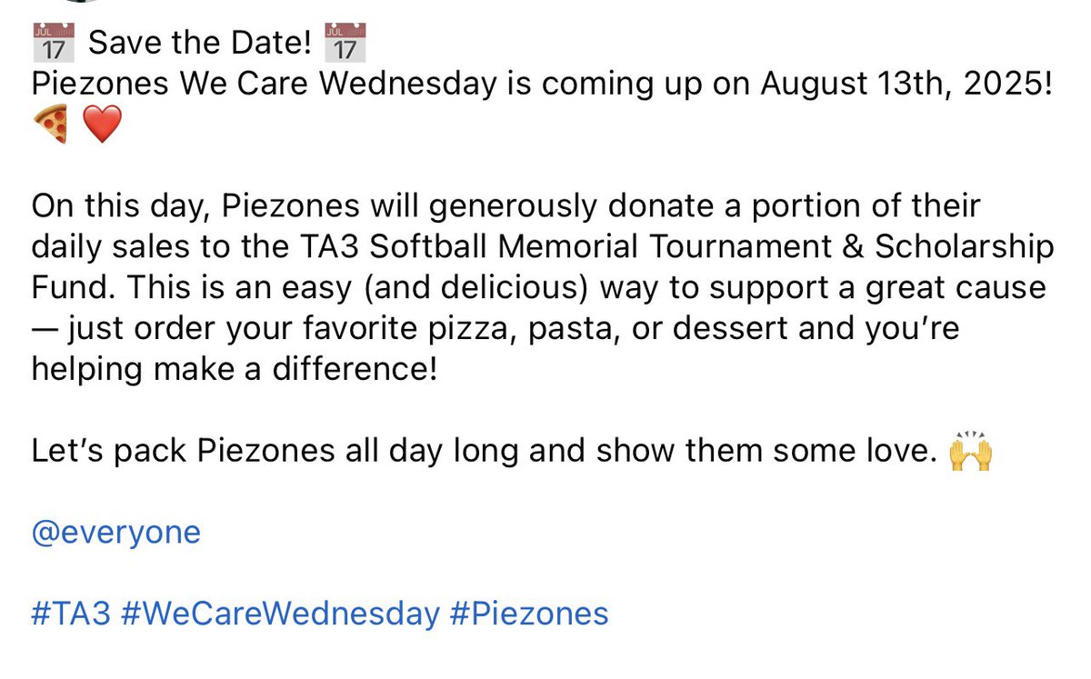 Talitz12's tweet image. All day today! @ piezons (corner of 156th and w center road) 
Stop by and support the TA3 scholarship fund!
