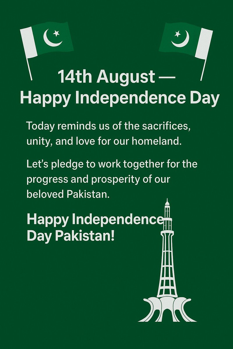 Xheikh4u's tweet photo. 🇵🇰 14th August — Happy Independence Day 🇵🇰

Today reminds us of the sacrifices, unity, and love for our homeland.
Let’s pledge to work together for the progress and prosperity of our beloved Pakistan.

Happy Independence Day, Pakistan

#PakistanZindabad #14August #IndependenceDay https://t.co/xsiTKr3wqp