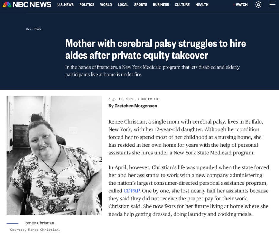 Caring Majority Rising (@caringmrising) on Twitter photo BREAKING: Our very own Renee Christian and
<a href="/GovKathyHochul/">Governor Kathy Hochul</a>'s PPL disaster have made NATIONAL NEWS!
When private equity-backed companies like PPL are entrusted to administer home care services like CDPAP, profit supersedes care. Here in New York, consumers and the trusted BREAKING: Our very own Renee Christian and
<a href="/GovKathyHochul/">Governor Kathy Hochul</a>'s PPL disaster have made NATIONAL NEWS!
When private equity-backed companies like PPL are entrusted to administer home care services like CDPAP, profit supersedes care. Here in New York, consumers and the trusted