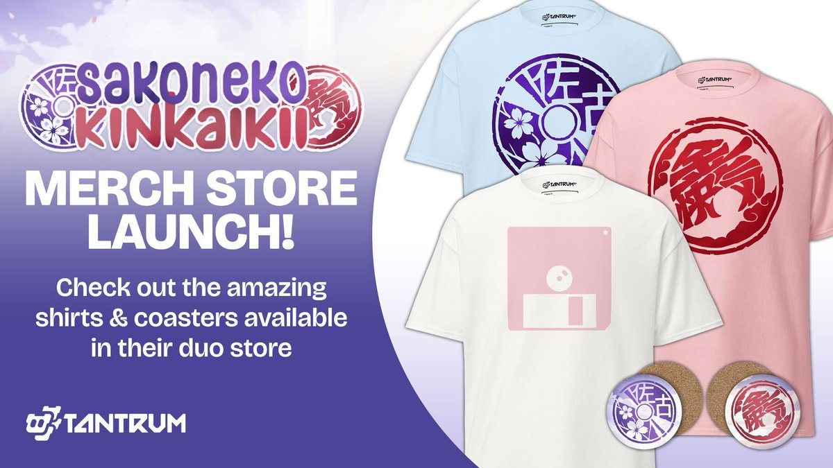 🎨 Launching their duo store today, we have <a href="/sakoneko_/">Sako🌸💿</a> and @kinkaikii joining our Tantrum family! Dress up like Sako with the Floppy Disk shirt OR rep the artists with a matching set of Seal shirts and coasters. Check it all out over at ➡️ tantrummerch.com/sakoneko-kinka…