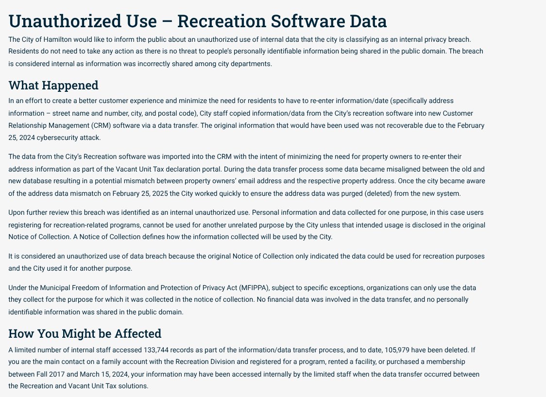 Again. Yet another privacy breach in #HamOnt ! This keeps happening. This latest privacy breach is more than a mistake - it’s negligence. 

Staff misused recreation program data exposing 133,744 records. This is a clear MFIPPA violation. 

Accountability isn’t optional.
