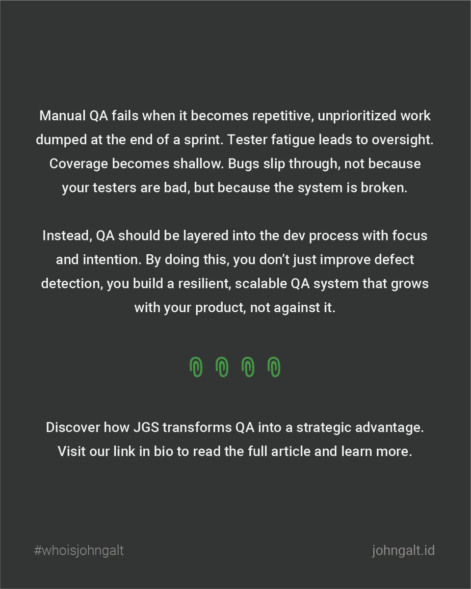 When manual testing is dumped at the end of a sprint, it stops being effective. Fatigued testers miss critical bugs, coverage becomes shallow, and releases grow riskier, not because your team is bad, but because the system is broken.

At JGS, we build QA into the process with
