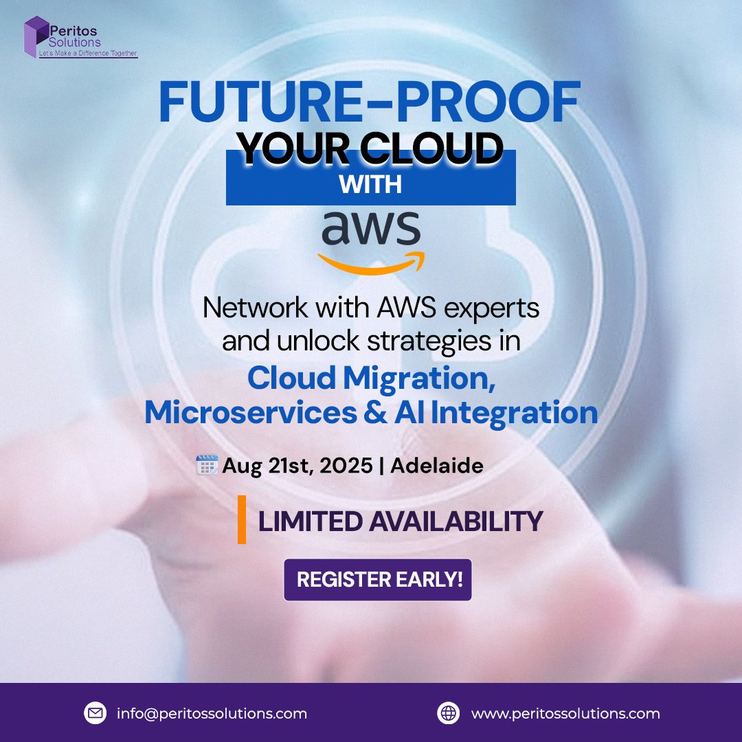 Peritos_sol's tweet photo. 📢 Don’t miss live demos from industries like healthcare, ecommerce, and real estate at the Adelaide event! 21st Aug | 3:15  onwards 
https://t.co/OTHO7oPXaF 

#AWSUseCases #IndustryCloud #InnovationInAction https://t.co/6f9ZtKd9wL