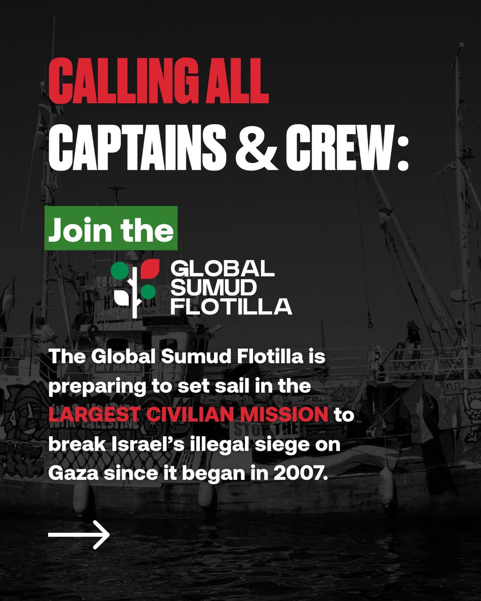 Do you have maritime skills? There’s still time to join the crew of the Global Sumud Flotilla, on one of the dozens of boats sailing the Mediterranean in an effort to break Israel’s illegal siege on Gaza.

Visit our website (link in bio) to register for this historic mission. The
