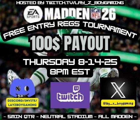 lay_z_boygaming's tweet image. Last weekends @EAMaddenNFL tournaments were absolute bangers! Running it back Thurs &amp;amp; sat night registration opens @8pm EST. FREE ENTRY 100$ PAYOUT!