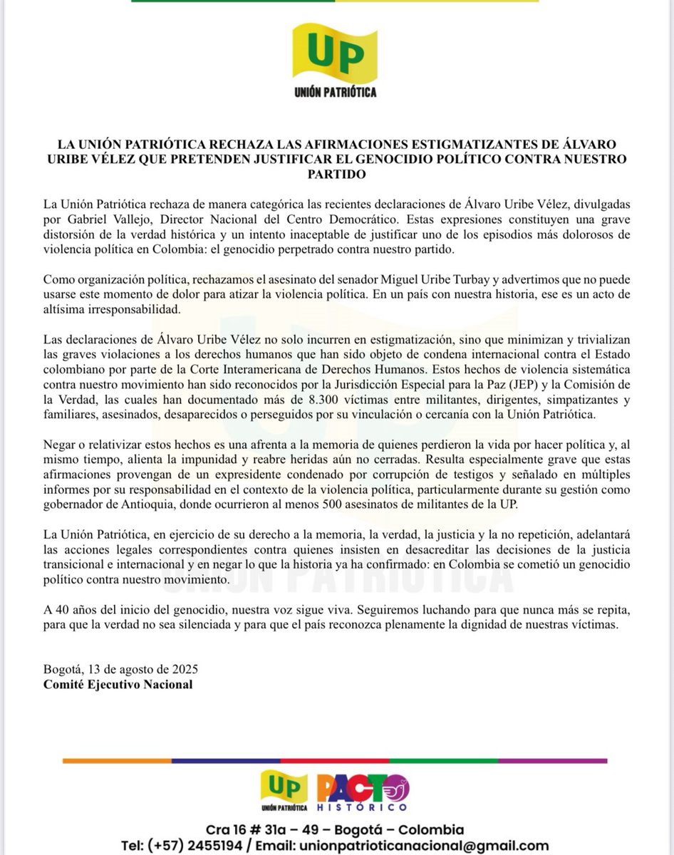 Gabo Becerra 🏛️ (@becerragabo) on Twitter photo Comunicado oficial | La <a href="/UP_Colombia/">Unión Patriótica</a> rechaza las afirmaciones de Álvaro Uribe Vélez que estigmatizan nuestro movimiento y pretenden justificar el genocidio político contra la Unión Patriótica.
<a href="/AidaAvellaE/">Aída Avella</a> <a href="/GildardoSilvaPH/">Gildardo Silva #PactoHistórico 💚💛</a> <a href="/GildardoSilvaPH/">Gildardo Silva #PactoHistórico 💚💛</a> <a href="/heidy_up/">Heidy Sánchez Barreto 💛💚</a> <a href="/petrogustavo/">Gustavo Petro</a> <a href="/PactoCol/">Pacto Histórico Oficial</a> Comunicado oficial | La <a href="/UP_Colombia/">Unión Patriótica</a> rechaza las afirmaciones de Álvaro Uribe Vélez que estigmatizan nuestro movimiento y pretenden justificar el genocidio político contra la Unión Patriótica.
<a href="/AidaAvellaE/">Aída Avella</a> <a href="/GildardoSilvaPH/">Gildardo Silva #PactoHistórico 💚💛</a> <a href="/GildardoSilvaPH/">Gildardo Silva #PactoHistórico 💚💛</a> <a href="/heidy_up/">Heidy Sánchez Barreto 💛💚</a> <a href="/petrogustavo/">Gustavo Petro</a> <a href="/PactoCol/">Pacto Histórico Oficial</a>