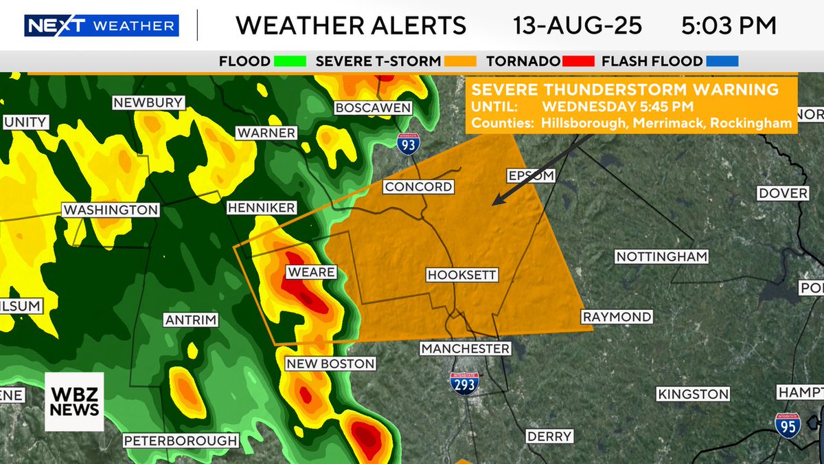 ⚠️ Severe Thunderstorm Warning for Merrimack, Hillsborough, Rockingham County until Aug 13 5:45PM. 

Frequent lightning, hail, and strong wind are possible in these storms.