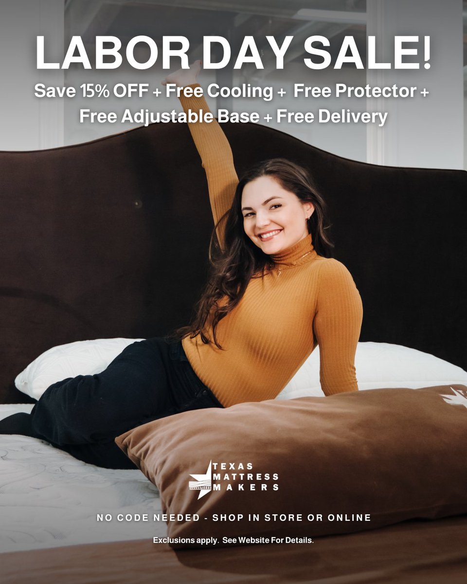MattressMakers's tweet image. Labor Day rule #1: don&apos;t lift a finger… unless it’s to add to cart.

Shop our Labor Day sale NOW!

texasmattressmakers.com/mattress-sales/

#bestmattresssale #mattressdeals #adjustablebase
#coolingmattress #mattressdiscount