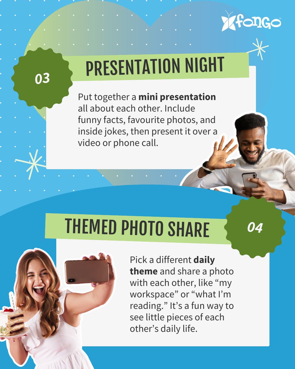 💌 In a long-distance relationship and looking for ways to keep things fun? Here are a few date ideas you can do with just your phone!

(And you can always try Fongo Mobile to call and text without worrying about long-distance fees!)

Any other ideas? Let us know below! 👇