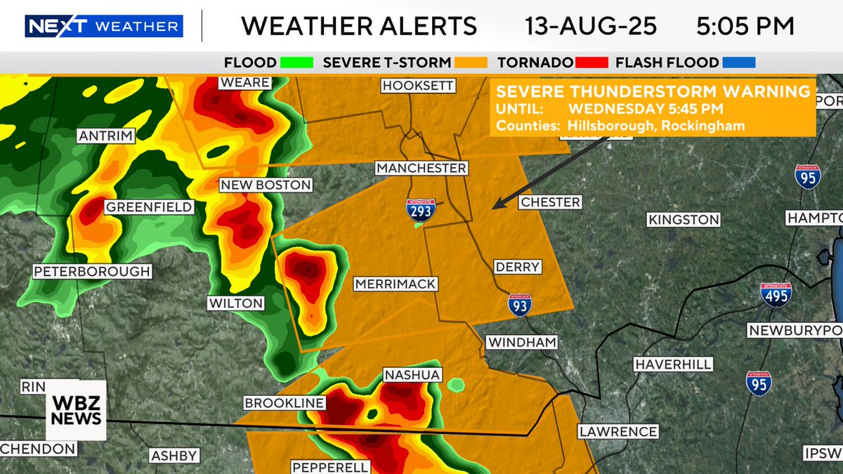 ⚠️ Severe Thunderstorm Warning for Hillsborough, Rockingham County until Aug 13 5:45PM. 

Frequent lightning, hail, and strong wind are possible in these storms.