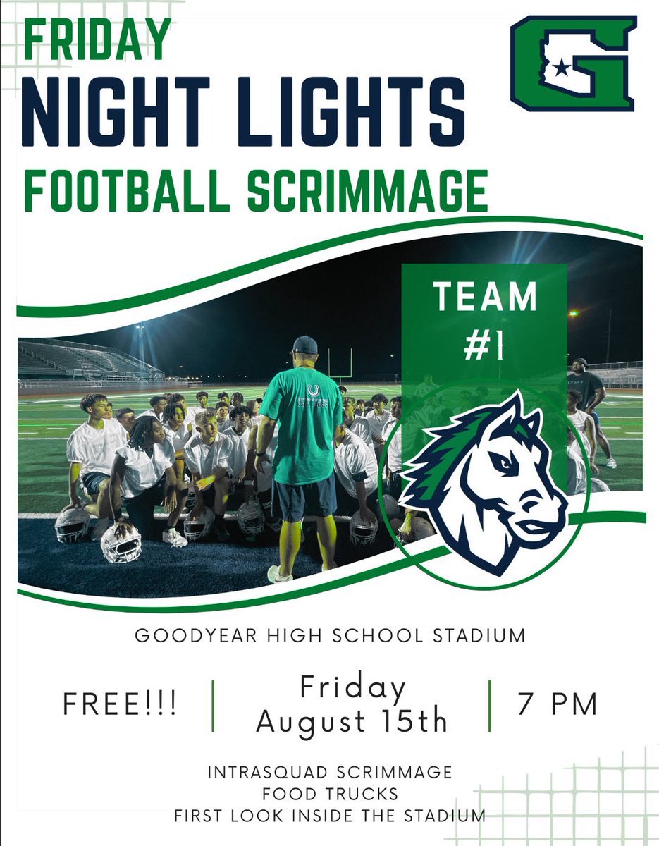 Come join us for the first ever Friday Night Lights Football Scrimmage!

Wear you Goodyear Green, and cheer loud for the Mavericks as we make history!

📅 Date: This Friday August 15th
📍 Location: Goodyear HS Football Stadium
🕒 Time: 7pm
#RideasOne #WeAreGoodyear
