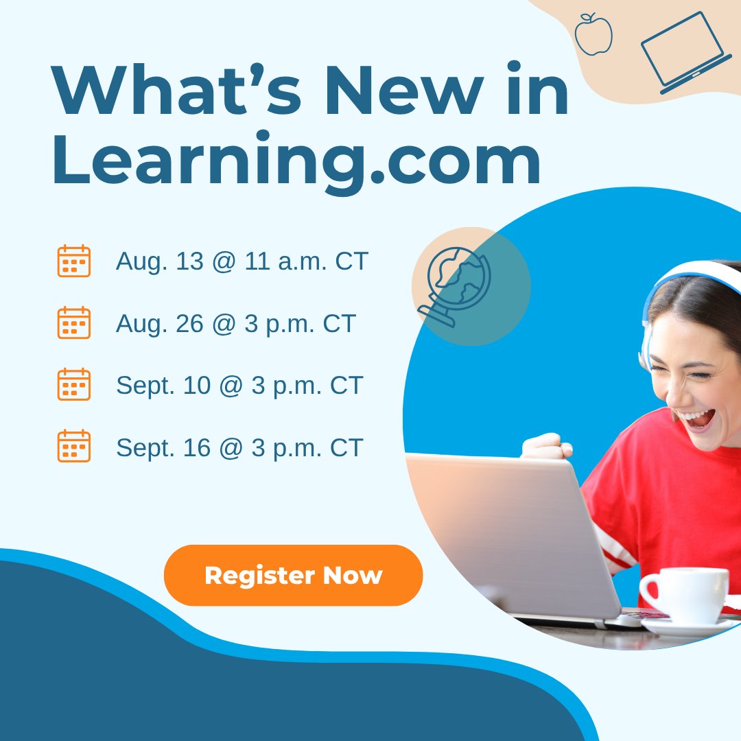 learningdotcom's tweet image. There’s still time to register for a Back-to-School “What’s new in Learningdotcom” webinar session: hubs.ly/Q03BTyQ20
Can’t make one of these dates? Register and we’ll send you a link to watch on demand.