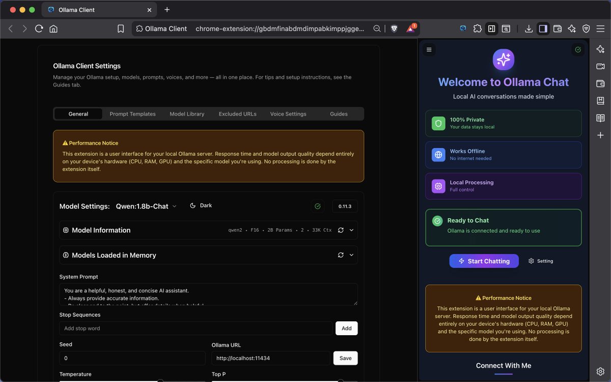 _shishir435's tweet photo. Ollama Client is here.
Chat with local AI models (LLaMA, Mistral, etc.) in your browser — no cloud, no tracking.
Demo: https://t.co/V4JsEKxWFA
Install: https://t.co/DkBgYLJEta
More: https://t.co/JHx1wbIPOO
#LocalAI #Ollama #PrivacyFirst #ChromeExtension https://t.co/dGUHu6rzu8