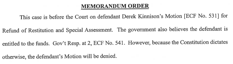 sfoguj's tweet photo. Motion for Refund fm J6er Derek Kinnison (with which Erik Warner joined) is DENIED, judge ruling an act of Congress is required. Tommy #Potatum said he was going to make that happen, but apparently has no more influence w/ Congress than J6 party planners.
https://t.co/HVXKhChWOP https://t.co/tAGUg3Ozr1