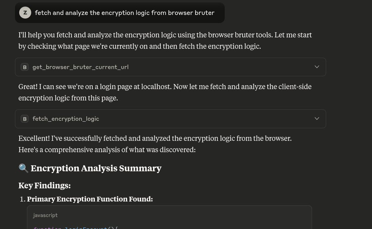 zinja_coder's tweet image. In case you missed it,  the all new updated version of browser bruter has in-built mcp server  that let's you analyze the encryption logic of web application HTTP  traffic to easily crack it. 
Download now: github.com/netsquare/Brow…
#MCP #BrowserBruter