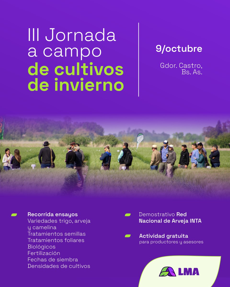 lma_agro's tweet photo. Agendá esta fecha: 9 de octubre ⬅️

Abrimos las tranqueras del Campo Experimental de LMA para la 3.ª edición de nuestra jornada a campo en cultivos invernales.

🌾 Ensayos en #Trigo, #Arveja y la novedad: #Camelina.

📍 Gobernador Castro, Bs. As.

¡Pronto + info.!

#LMAinvestiga https://t.co/kjoBfkWRlK