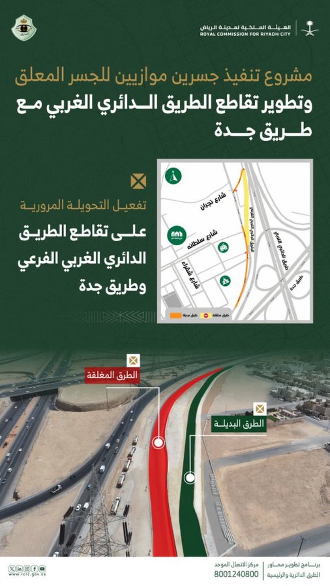 بدء تحويل الحركة المرورية بمشروع تطوير الجسر المعلق بـ #الرياض:
- تنفيذ تحويلة مرورية على الطريق الدائري الغربي الفرعي
- إغلاق بعض المسارات وتوفير طرق بديلة
- المشروع يشمل إنشاء جسرين موازين وتطوير تقاطع الدائري مع طريق #جدة