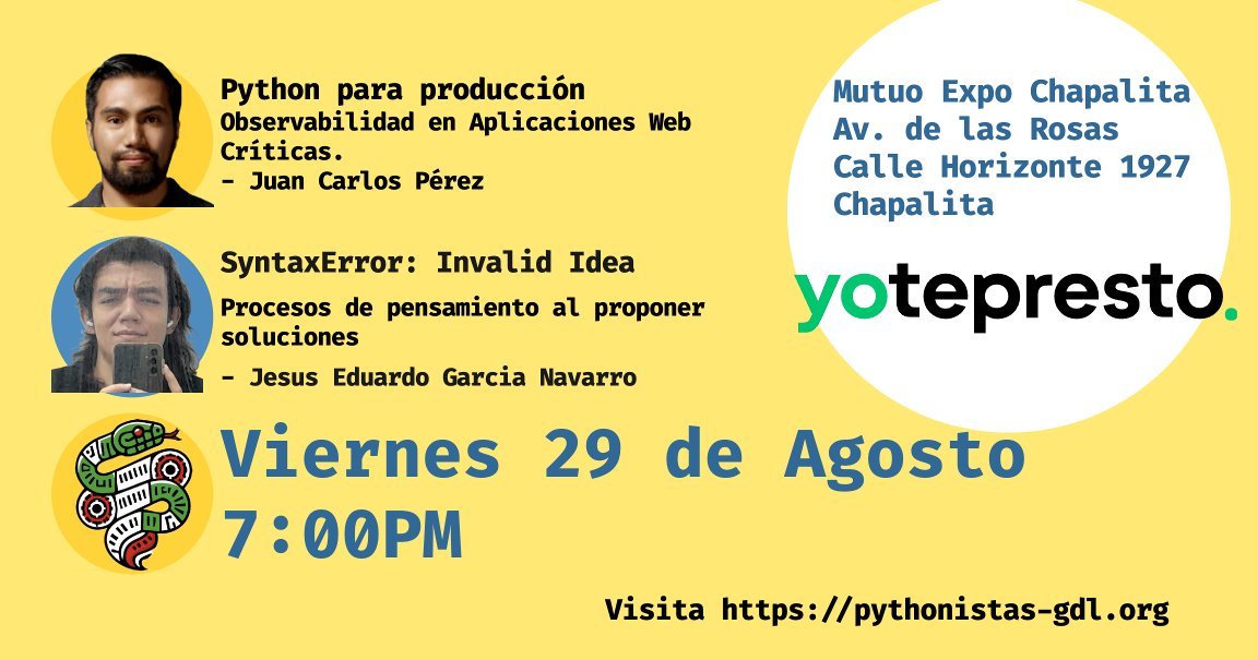 🐍 ¡Cuarta reunión de Pythonistas GDL!
📍 maps.app.goo.gl/sXYnup9SgcvsGu…
📅 Viernes 29 de Agosto
🕖 7:00 PM
✅ Agradecemos a <a href="/yoteprestoCOM/">yotepresto.com</a> por su segunda colaboración como patrocinadores.
👉eventos.pythonistas-gdl.org/signup/4
