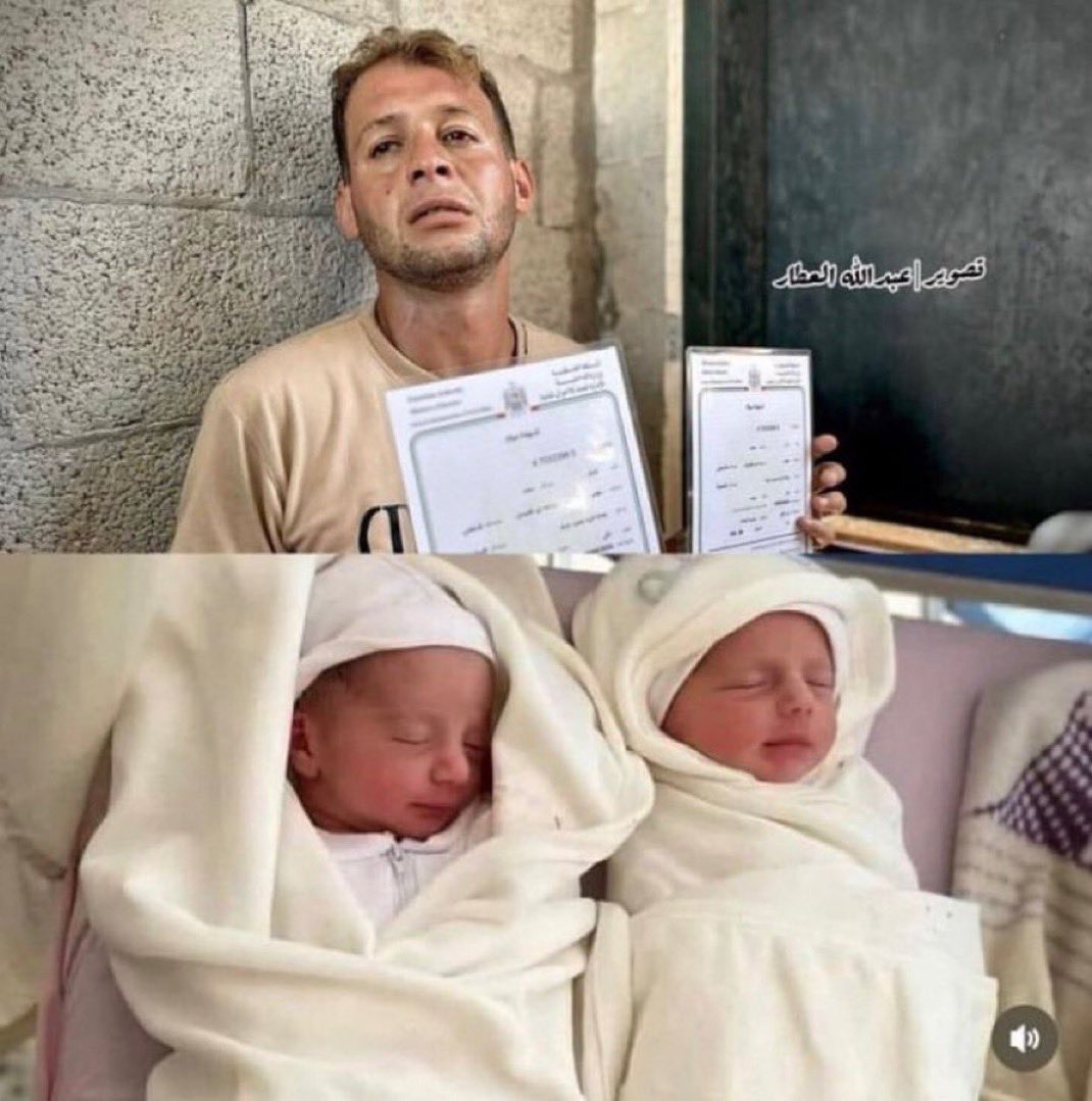 GazaMartyrs's tweet photo. A year ago, Muhammad Abu Al-Qumsan went to collect his newborn twins’ birth certificates, returning only to find them and their mother killed by Israeli machinery of war.

We will never forget you, Aysar and Aysel Mohammad Abu Al-Qumsan, and your mother Jumana. https://t.co/x1gDDlmxZZ