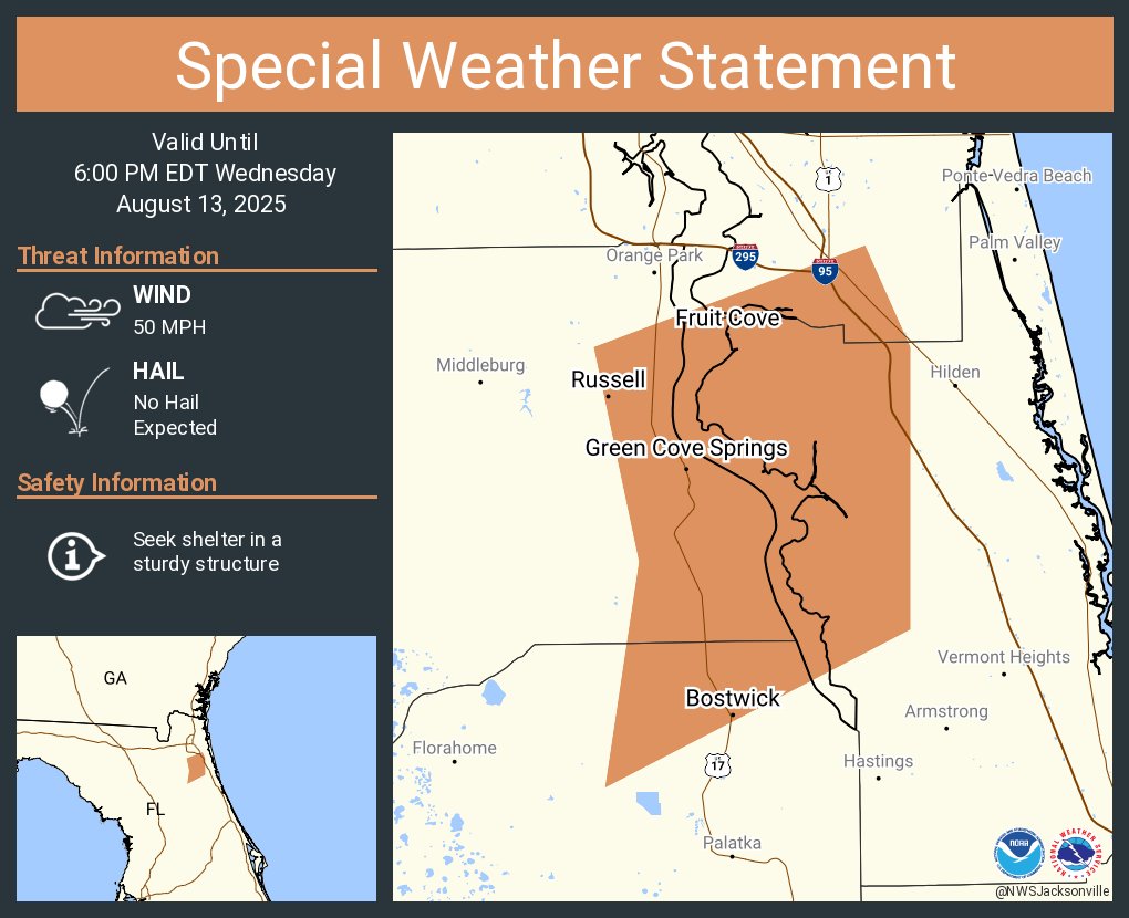 A special weather statement has been issued for Fruit Cove FL, Green Cove Springs FL and  Russell FL until 6:00 PM EDT