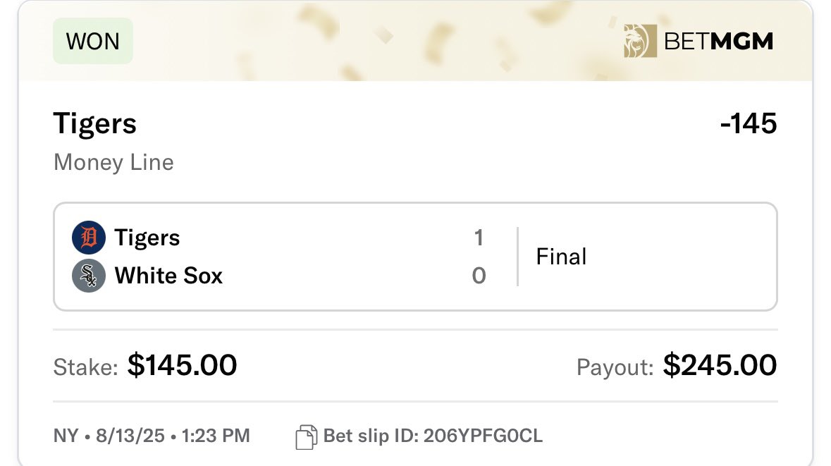 G0LDIELOCKS1's tweet photo. Tigers ML (-145) β
Never in doubt. Another lock, another cash. π―π°
#GamblingX #SportsBetting #MLB #MLBPicks #MLBBets #BaseballBets #MLBLocks #DailyLock #CashIt #LockOfTheDay https://t.co/c5o6nSCjnQ