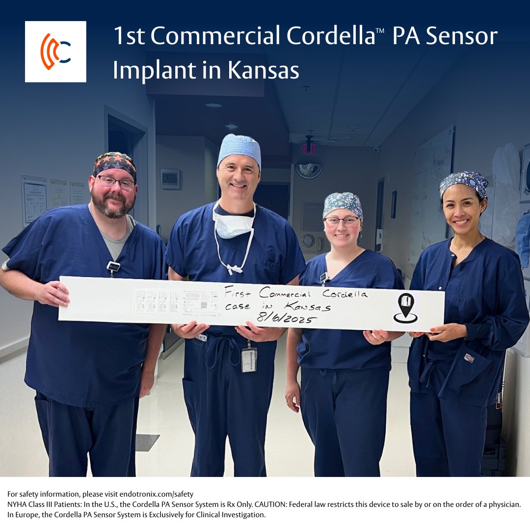 Cordella_HF's tweet photo. Congratulations to Eric Hockstad, MD, @hirakshahmd, Jayna Pryor, RN, Joseph Catrett, RN, Lydia Cripe, CVT and the team at University of Kansas Medical Center on implanting the 1st commercial Cordella™ PA Sensor in Kansas! Safety Info: https://t.co/AEKQ2CmgY6

#telemedicine #digitalhealth #medtech #heartfailure #connectedcare #cardiotwitter