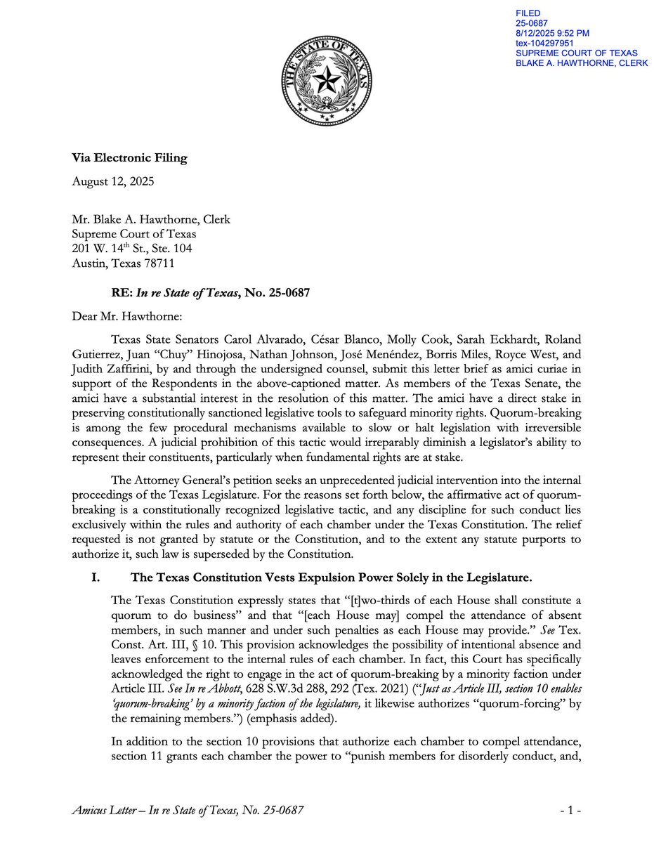 Texas Senate Democratic Caucus (@txsenatedem) on Twitter photo Senate Democrats filed an amicus brief in support of our <a href="/TexasHDC/">Texas House Democrats</a> colleagues who Republicans are trying to remove from office.
Breaking quorum is constitutional. Legislators have been doing it for more than 150 years.
This lawsuit is baseless. #txlege
Read the full letter: Senate Democrats filed an amicus brief in support of our <a href="/TexasHDC/">Texas House Democrats</a> colleagues who Republicans are trying to remove from office.
Breaking quorum is constitutional. Legislators have been doing it for more than 150 years.
This lawsuit is baseless. #txlege
Read the full letter: