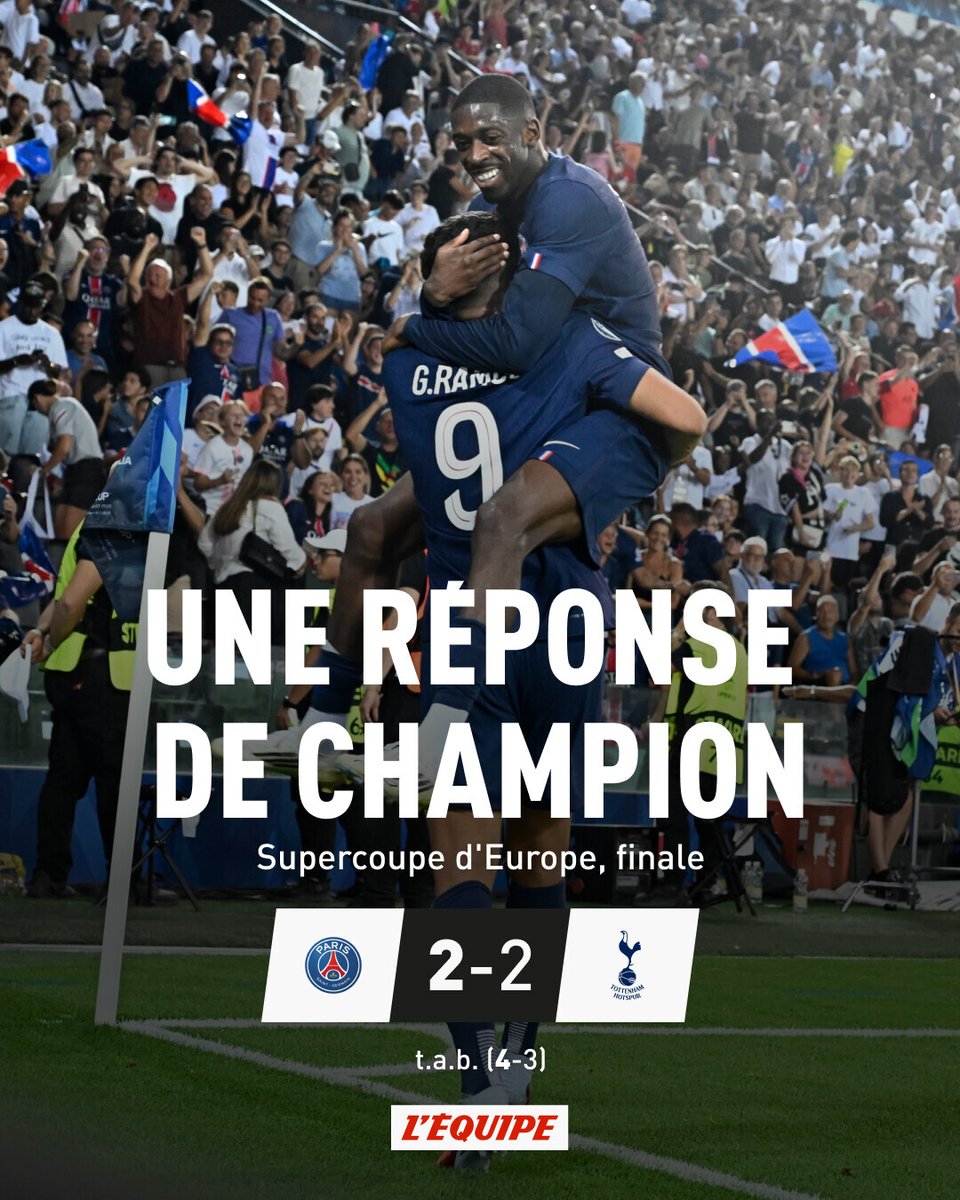 Mené 2-0 à la 85e, le PSG a complètement renversé la tendance contre Tottenham, mercredi en Supercoupe d'Europe (2-2, 4-3 aux t.a.b.), et s'est finalement imposé aux tirs au but.

➡️ l.lequipe.fr/F35