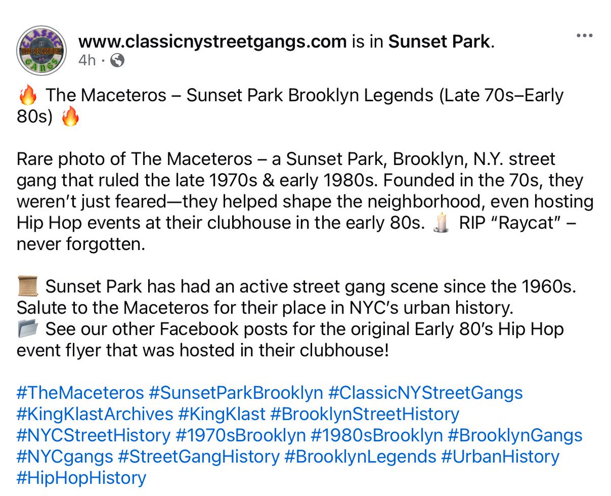 kingklast's tweet photo. 🔥 The Maceteros – Sunset Park Brooklyn Legends (Late 70s–Early 80s) 🔥

#TheMaceteros #SunsetParkBrooklyn #ClassicNYStreetGangs #KingKlastArchives #KingKlast #BrooklynStreetHistory #NYCStreetHistory #1970sBrooklyn #1980sBrooklyn #BrooklynGangs #NYCgangs #StreetGangHistory https://t.co/xhQdExPPFN