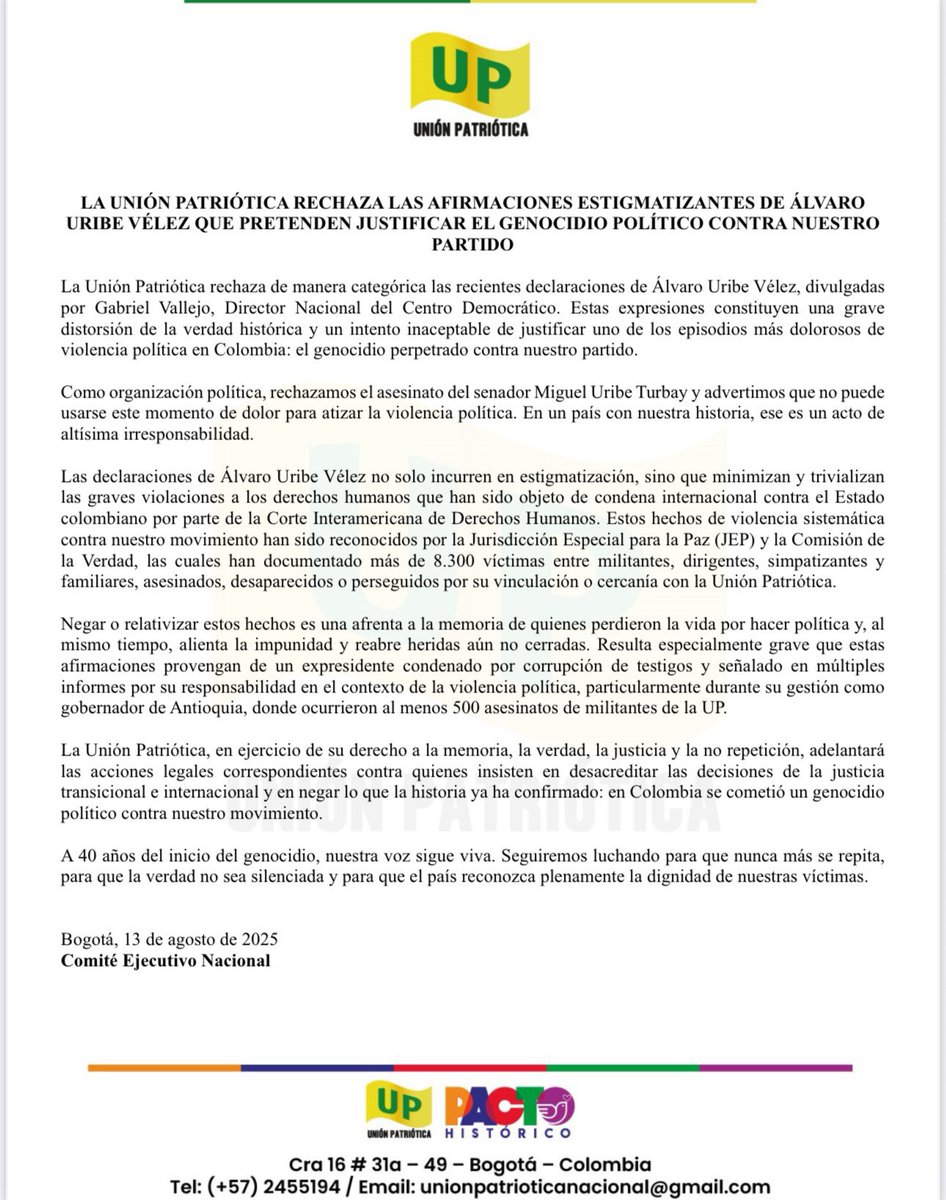 Gildardo Silva #PactoHistórico 💚💛 (@gildardosilvaph) on Twitter photo Comunicado Público sobre las declaraciones enviadas por <a href="/AlvaroUribeVel/">Álvaro Uribe Vélez</a> al acto fúnebre del Senador Miguel Uribe y que fue usado por él para estigmatizar y generar mayor violencia desde su discurso de odio. Comunicado Público sobre las declaraciones enviadas por <a href="/AlvaroUribeVel/">Álvaro Uribe Vélez</a> al acto fúnebre del Senador Miguel Uribe y que fue usado por él para estigmatizar y generar mayor violencia desde su discurso de odio.