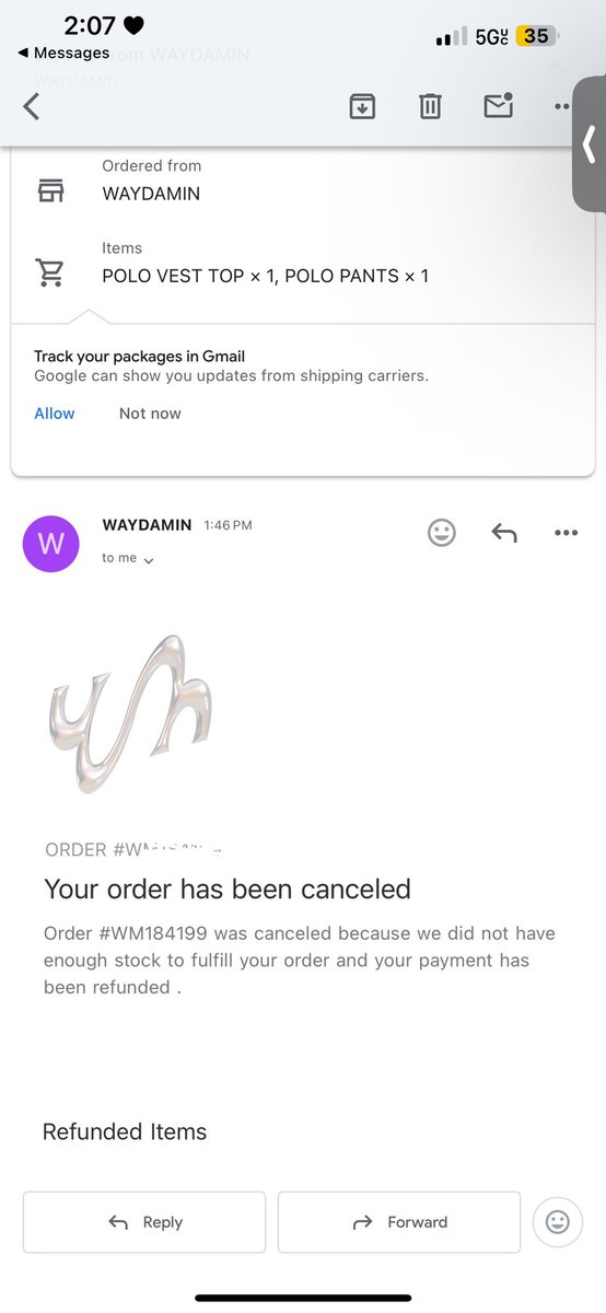 chelseax___'s tweet photo. Mind you I ordered when they just restockedβ¦ordered the 31st. I emailed asking when Iβll get my order on Monday. This was the confirmation email I was waiting onβ¦. that my shit is canceled cause thereβs not enough stock to fulfill my order! Never again π @waaydamin #waydamin https://t.co/j9Yo82ubhD