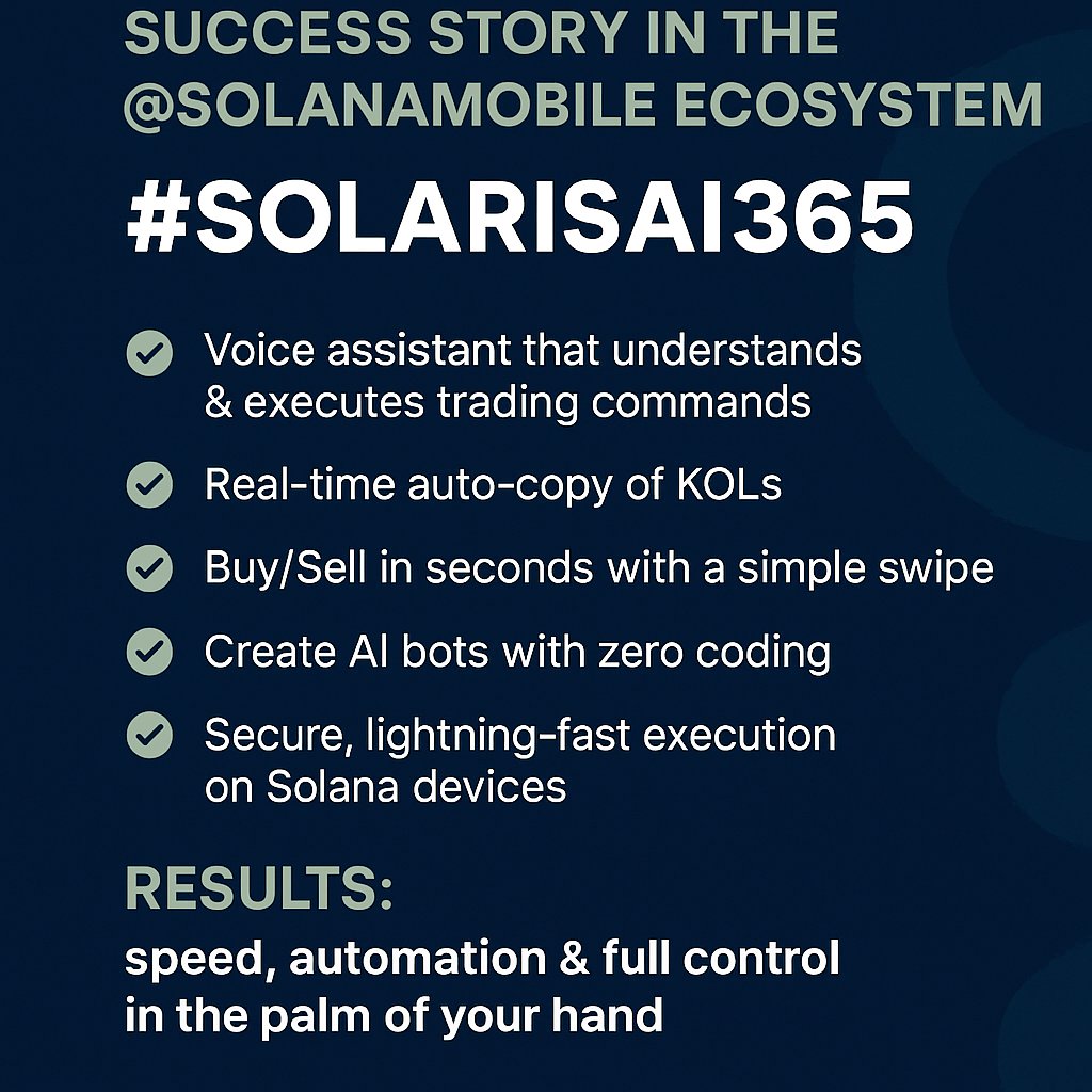 🔥 #SolarisAI365 is redefining AI + Web3 on @SolanaMobile. <a href="/SolarisAI_fun/">Solaris AI</a>. <a href="/solana/">Solana</a>
🎙️ Voice trading assistant
📈 Real-time KOL copy
⚡ Swipe to trade
🤖 No-code AI bot creation
📈 Speed, automation &amp; control — in your pocket.