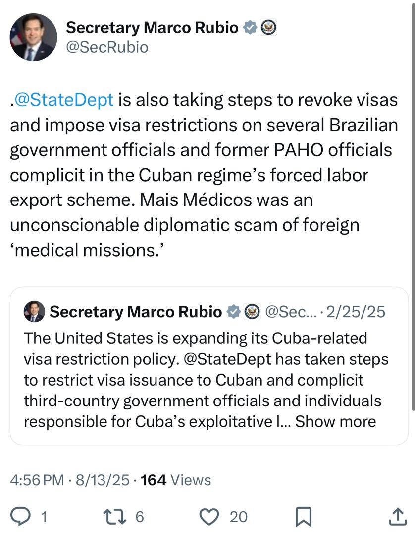 Johana Tablada de la Torre (@johanatablada) on Twitter photo Doctors, not bombs, as #Fidel said. Cuba's medical cooperation will continue. Secretary Rubio & his criminal measures will fail. His priorities speak volumes: financing Israel genocide on Palestine, torturing Cuba, going after health care services for those who need them most. Doctors, not bombs, as #Fidel said. Cuba's medical cooperation will continue. Secretary Rubio & his criminal measures will fail. His priorities speak volumes: financing Israel genocide on Palestine, torturing Cuba, going after health care services for those who need them most.
