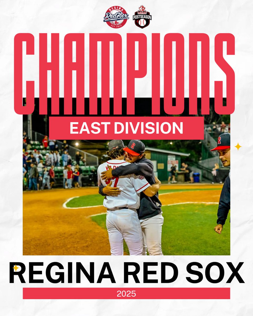 ReginaRedSox's tweet photo. EAST DIVISION CHAMPS 🏆🔴🔵
Feels so good to be on top of the East! 🙌
Thank you to our amazing fans for the nonstop support and to the WCBL for an incredible season. ❤️⚾️
Next stop: WCBL Finals vs Sylvan Lake. Let’s get it. 💪
#FearTheSox #WCBLFinals #DefendTheDiamond https://t.co/kVablcw2bN