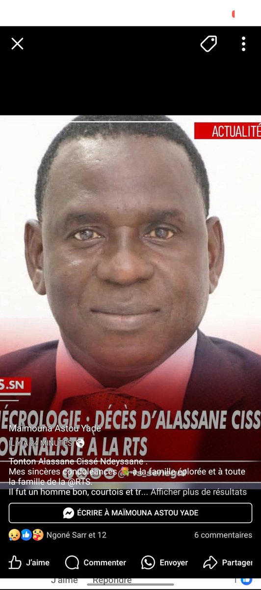 Assane DIAGNE (@assaned1719) on Twitter photo 🚨🚨🚨
Inna Lilahi Wa Inna ileyhi raji houn. Allâhuma ighfirlahu warham hu Alassane Cissé ancien présentateur JT #RTS, et ancien President <a href="/ajspdsenegal/">ajspd</a> est décédé. Nos condoléances les plus attristées à ses confrères, à toute la #société_civile #santé et à sa famille explorée. 🚨🚨🚨
Inna Lilahi Wa Inna ileyhi raji houn. Allâhuma ighfirlahu warham hu Alassane Cissé ancien présentateur JT #RTS, et ancien President <a href="/ajspdsenegal/">ajspd</a> est décédé. Nos condoléances les plus attristées à ses confrères, à toute la #société_civile #santé et à sa famille explorée.