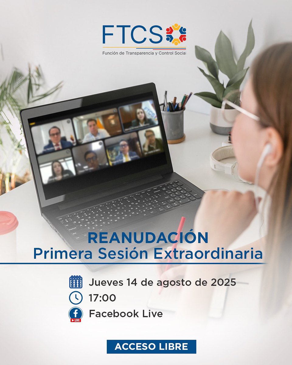 🔴 Acompáñanos en la #Reanudación de la #SesiónExtraordinaria001 de nuestro Comité de Coordinación. 🏛️

🗓️ Jueves 14 de agosto de 2025
⏰ 17h00

🔗 Conéctate a la transmisión en vivo aquí: facebook.com/FTCSec