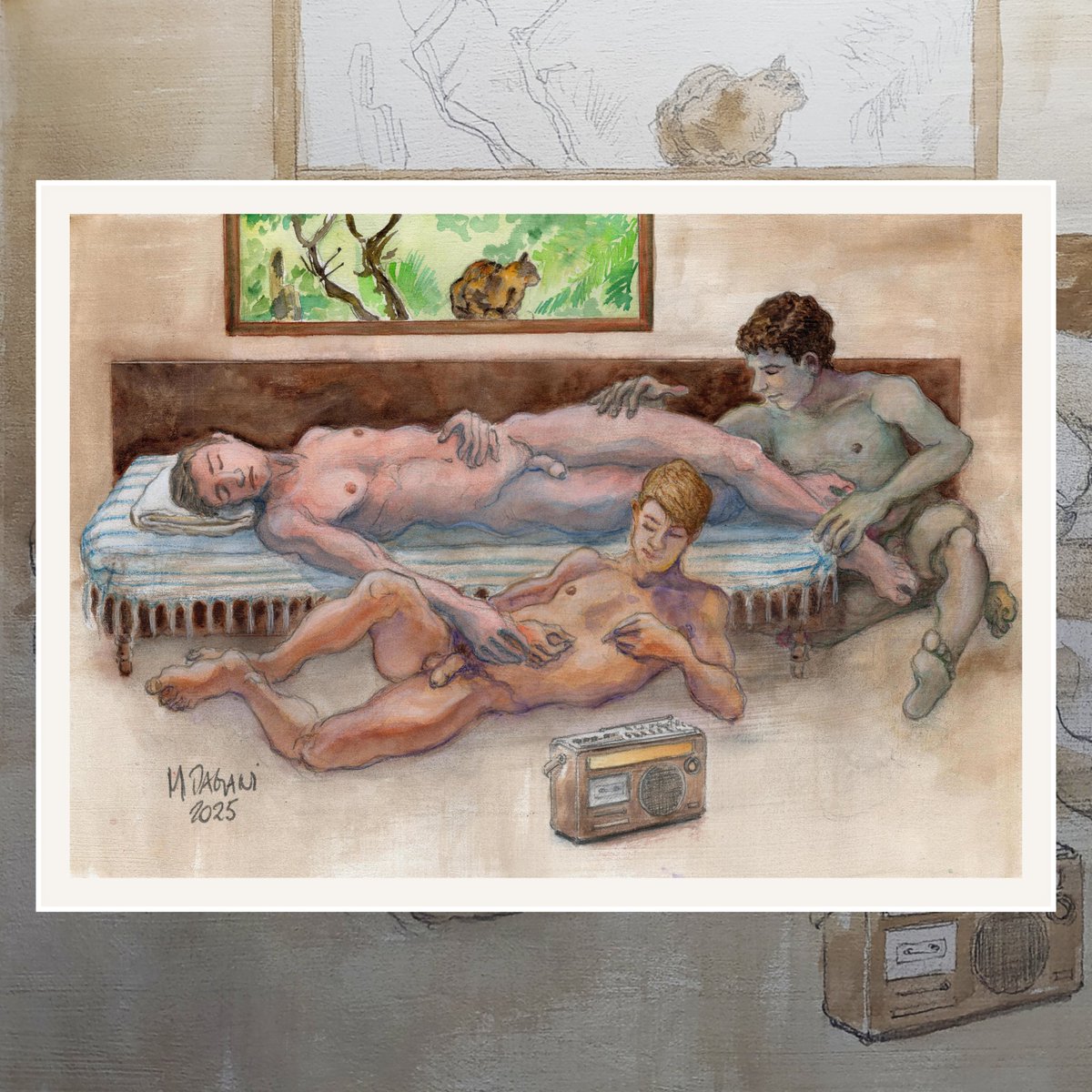 .
FOR SALE
.
"Tre ragazzi e un gatto randagio", 2025
Watercolor, colored pencils on paper
Dimensions: 10x14inch (25x35cm)
USD$500
.
More information by DM
.
#drawings #watercolor #painting #art #ilustration #nudeart #nudefineart #visualart #gayart #gayartist